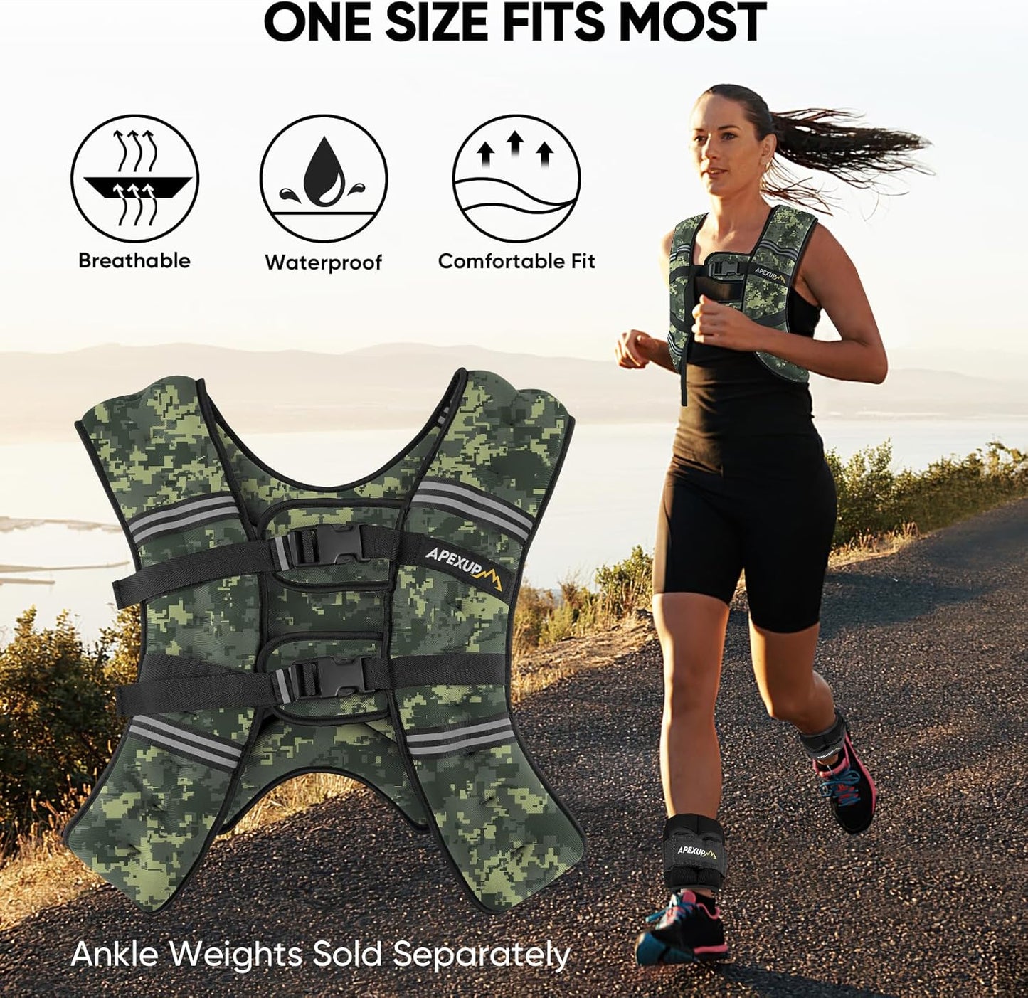 Weighted Vest with Reflective Stripe, Camo (5/10/15/20/25/30 lbs)