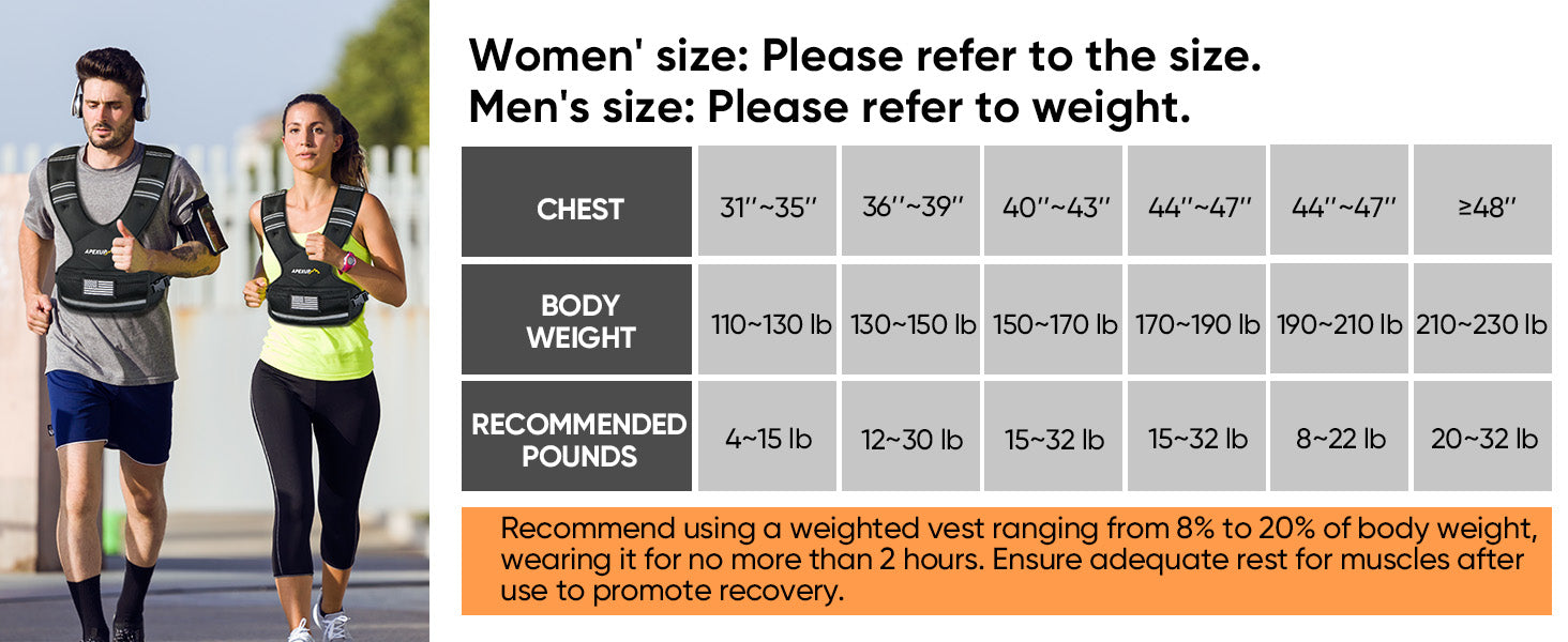 Two people running outdoors with a weight vest size chart overlayed on the right side.