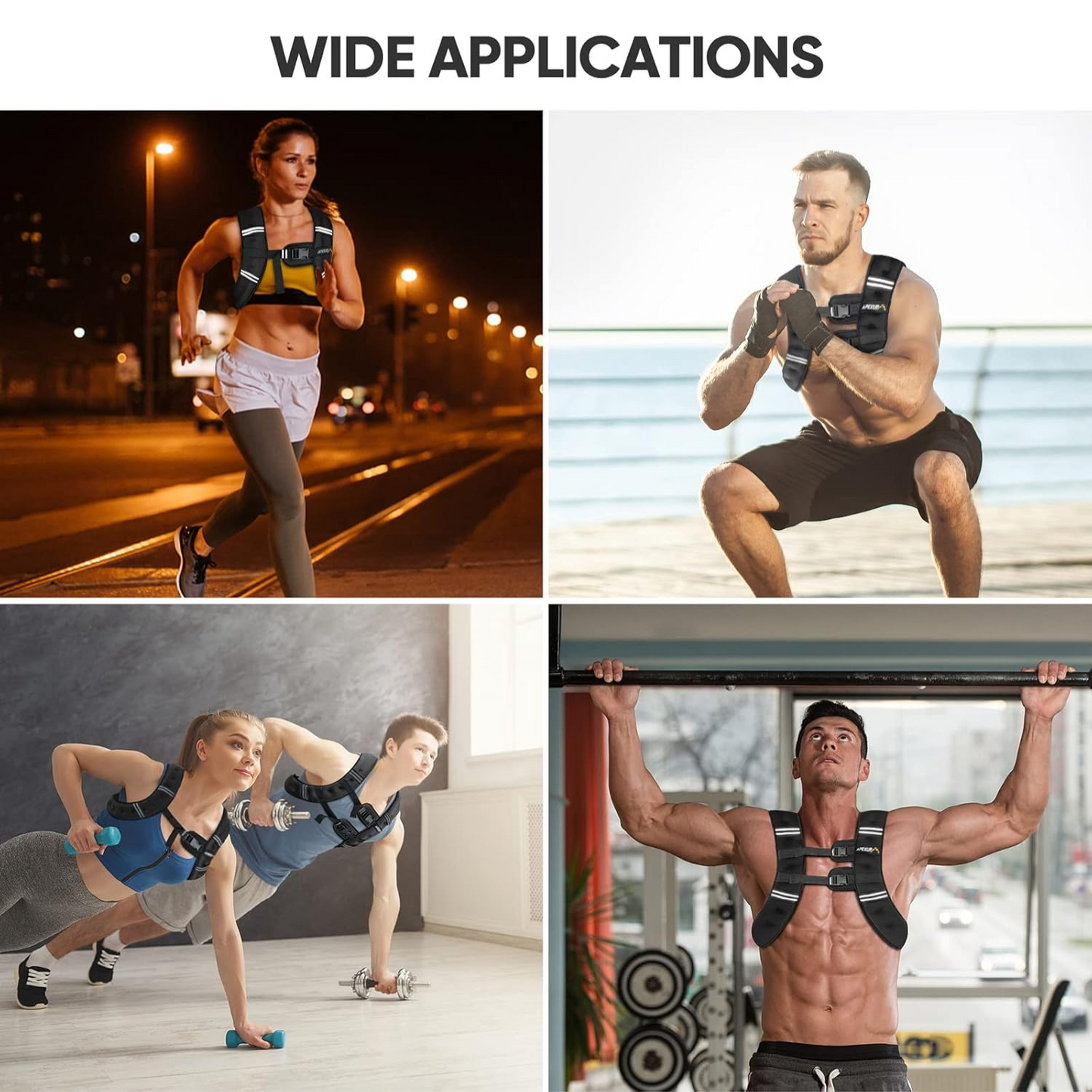 The top left shows a woman jogging at night while wearing the ApexUp vest, emphasizing its use in outdoor running safer with reflective stripes, the top right features a man squatting with the vest, perfect for bodyweight training, the bottom left displays a man and woman performing push-ups and dumbbell rows, demonstrating versatility for home workouts, and the bottom right captures a muscular man doing pull-ups at the gym, showcasing strength training benefits.