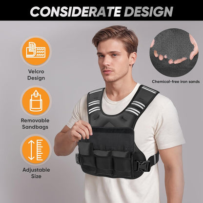 Adjustable Weighted Vest with Removable Waterproof Liner, 6 Ironsand Weights and Large Pocket ( 4-10 /12-18 /20-32 lbs)