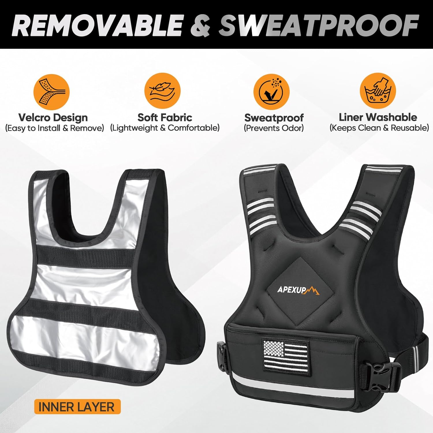 Black and gray weight vest with features listed on a white background