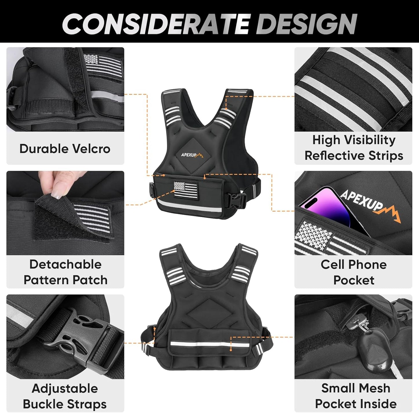 Adjustable Weighted Vest with Removable Waterproof Liner, 6 Ironsand Weights and Large Pocket ( 4-10 /12-18 /20-32 lbs)