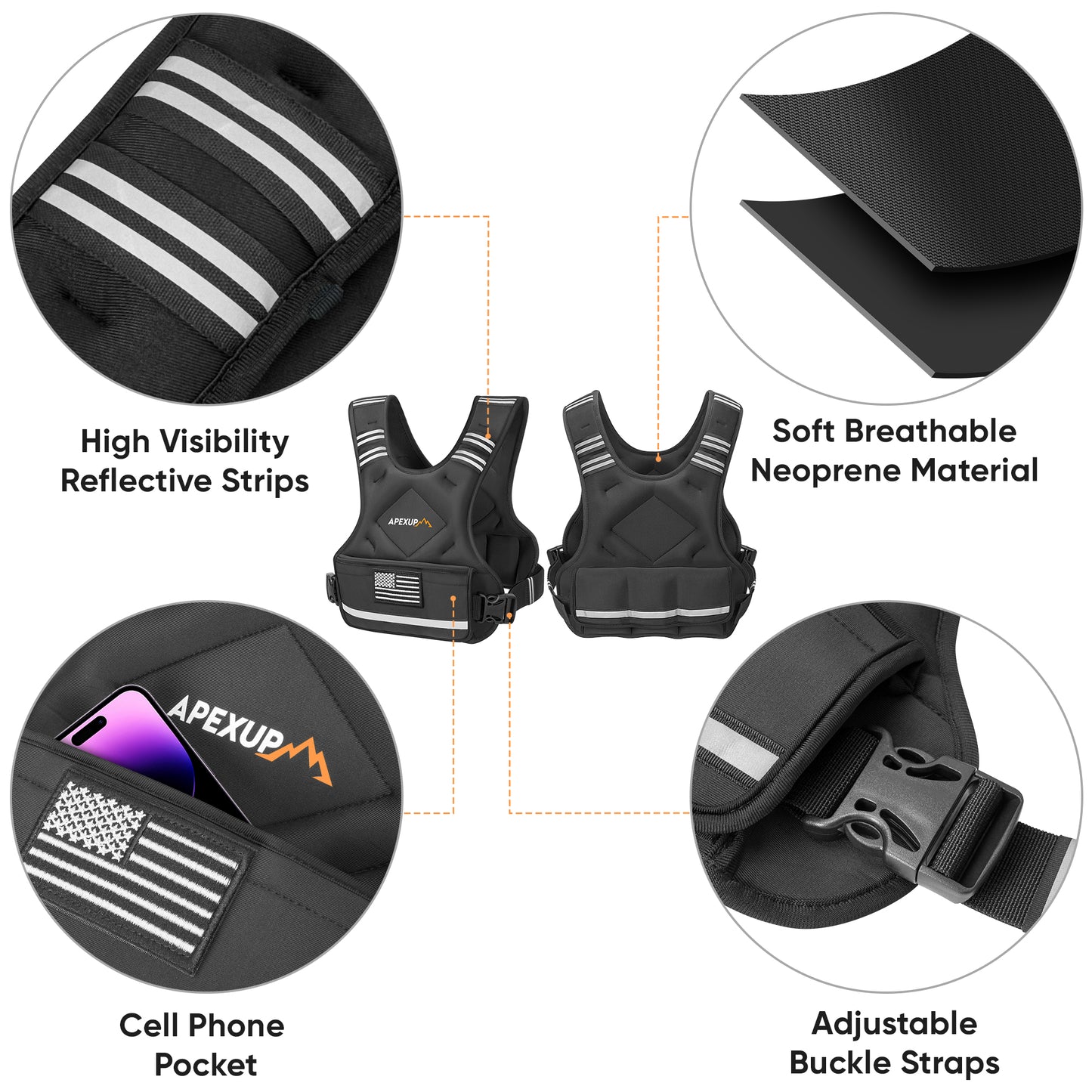 Adjustable Weighted Vest with 6 Ironsand Weights and Large Pocket features