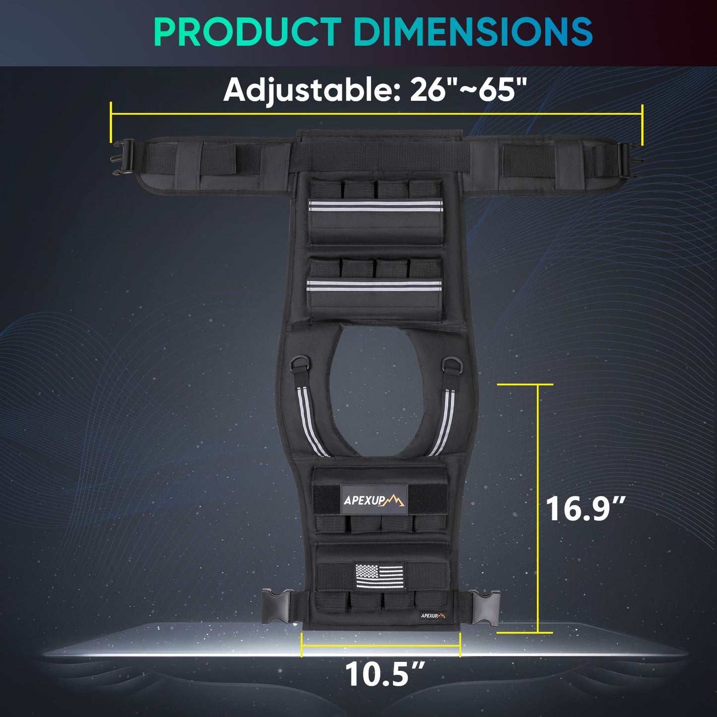 Product dimensions of a black backpack with adjustable straps on a dark background