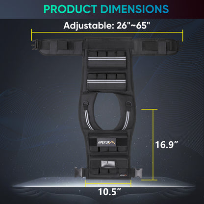 Product dimensions of a black backpack with adjustable straps on a dark background