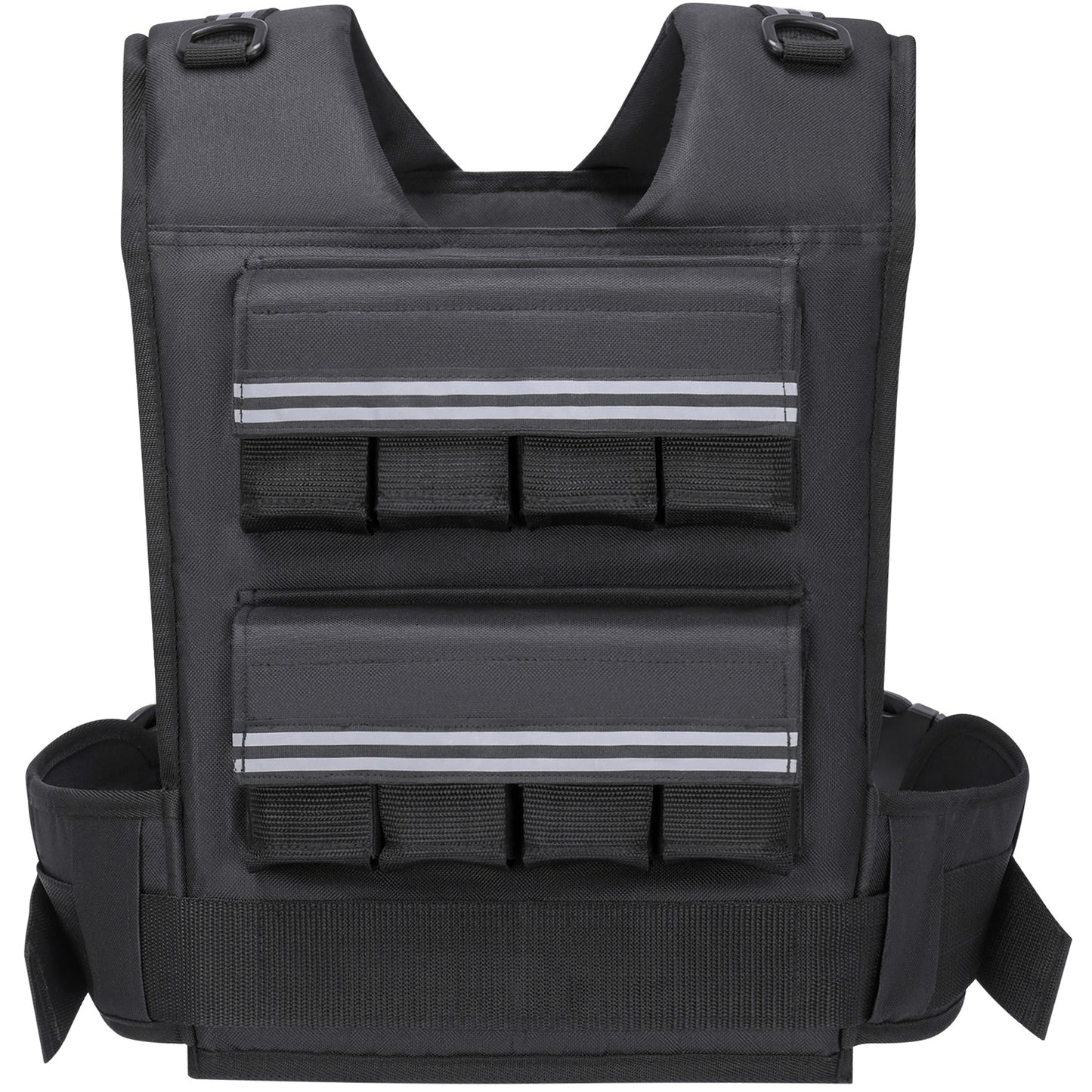 Black vest with multiple pouches and straps on a white background