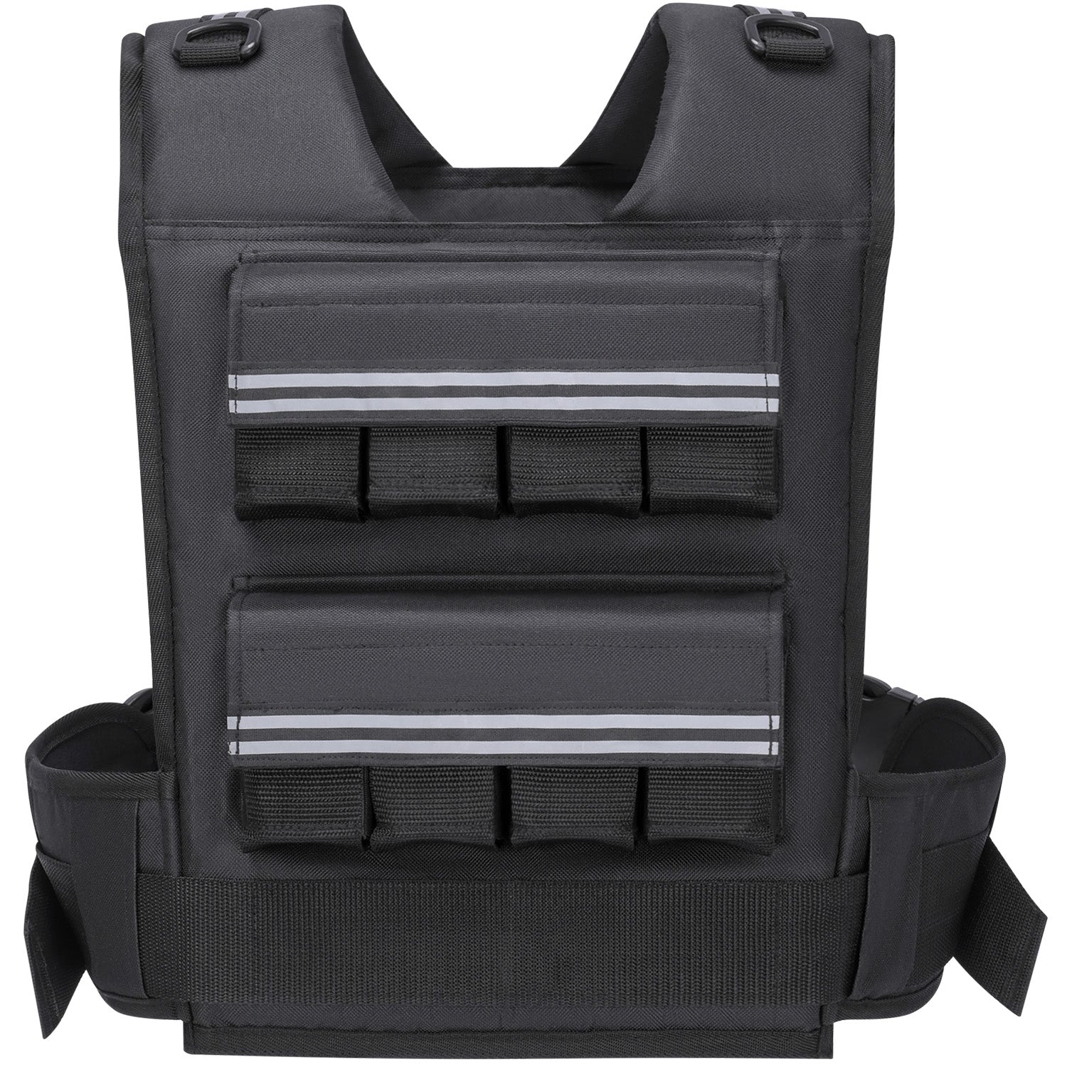 Black vest with multiple pouches and straps on a white background
