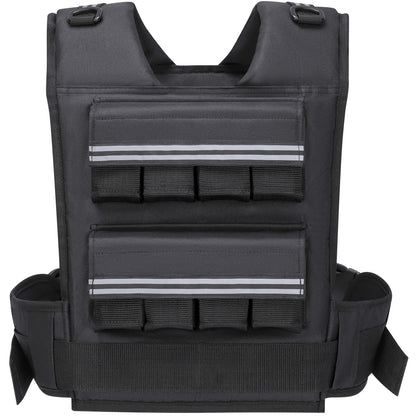 Black vest with multiple pouches and straps on a white background
