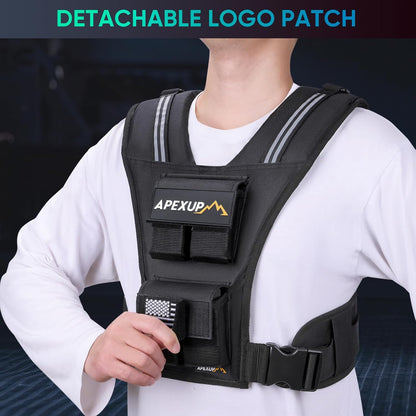 Person wearing a black weight vest with 'APEXUP' branding on a dark background