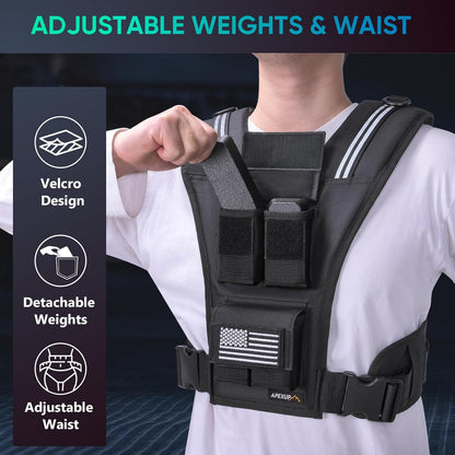 Person wearing a black adjustable weight vest with features highlighted on the left side.