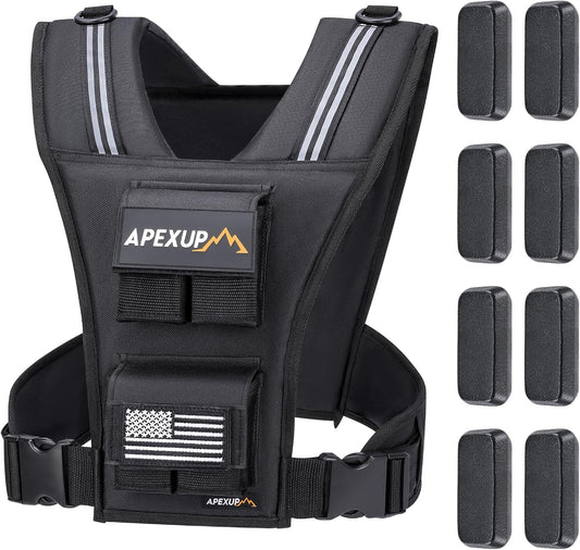 ApexUp weighted vest set featuring a sleek black adjustable vest made from durable material with reflective stripes on the shoulders for enhanced visibility. The vest displays the ApexUp logo patch with a mountain graphic and an American flag patch. Side release buckles and hook-and-loop pockets provide a secure and customizable fit. The product image also shows eight individual weight blocks designed to fit perfectly into the vest’s slots, ideal for strength training and cardio workouts.