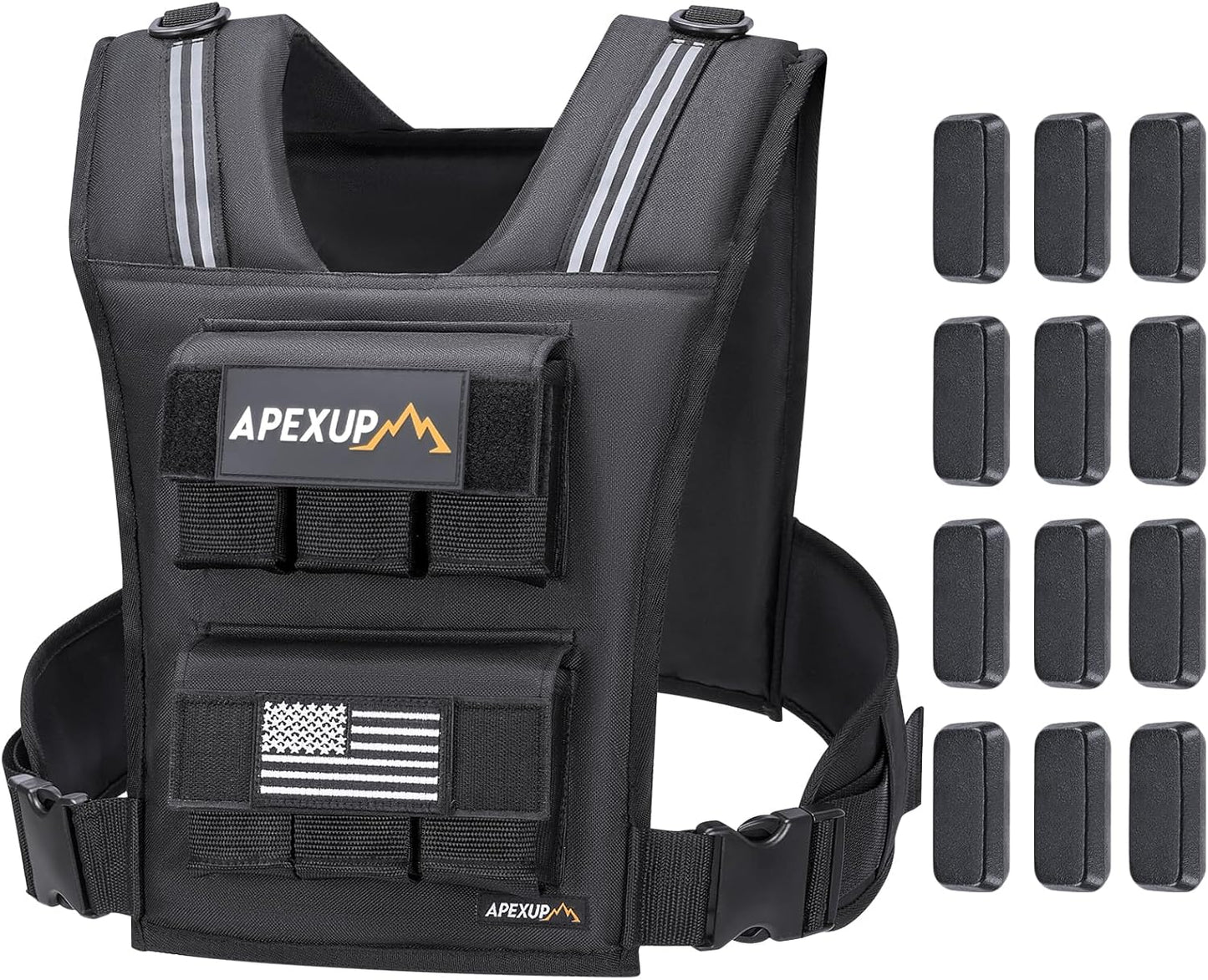ApexUp weighted vest set featuring a sleek black adjustable vest made from durable material with reflective stripes on the shoulders for enhanced visibility. The vest displays the ApexUp logo patch with a mountain graphic and an American flag patch. Side release buckles and hook-and-loop pockets provide a secure and customizable fit. The product image also shows 12 individual weight blocks designed to fit perfectly into the vest’s slots, ideal for strength training and cardio workouts.