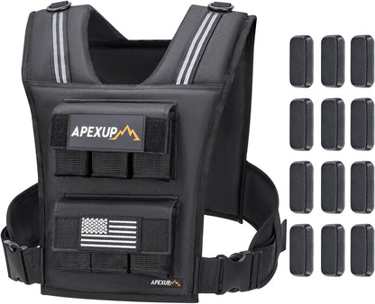 ApexUp weighted vest set featuring a sleek black adjustable vest made from durable material with reflective stripes on the shoulders for enhanced visibility. The vest displays the ApexUp logo patch with a mountain graphic and an American flag patch. Side release buckles and hook-and-loop pockets provide a secure and customizable fit. The product image also shows 12 individual weight blocks designed to fit perfectly into the vest’s slots, ideal for strength training and cardio workouts.