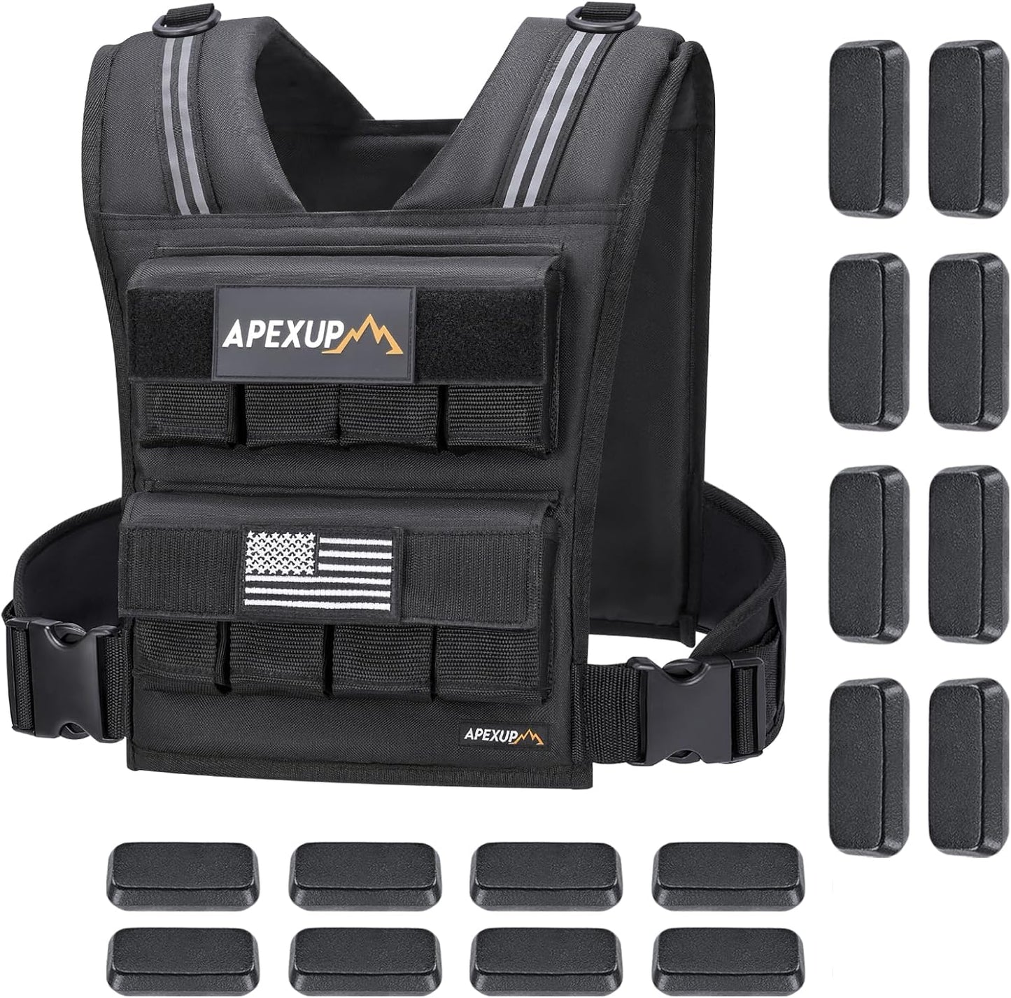 ApexUp weighted vest set featuring a sleek black adjustable vest made from durable material with reflective stripes on the shoulders for enhanced visibility. The vest displays the ApexUp logo patch with a mountain graphic and an American flag patch. Side release buckles and hook-and-loop pockets provide a secure and customizable fit. The product image also shows 16 individual weight blocks designed to fit perfectly into the vest’s slots, ideal for strength training and cardio workouts.