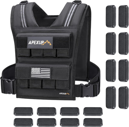ApexUp weighted vest set featuring a sleek black adjustable vest made from durable material with reflective stripes on the shoulders for enhanced visibility. The vest displays the ApexUp logo patch with a mountain graphic and an American flag patch. Side release buckles and hook-and-loop pockets provide a secure and customizable fit. The product image also shows 16 individual weight blocks designed to fit perfectly into the vest’s slots, ideal for strength training and cardio workouts.