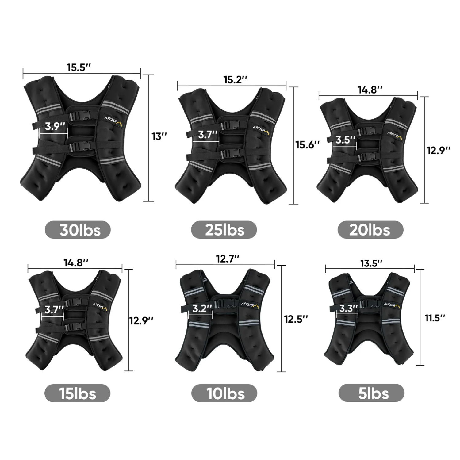 Black weight vests with measurements and weight labels.