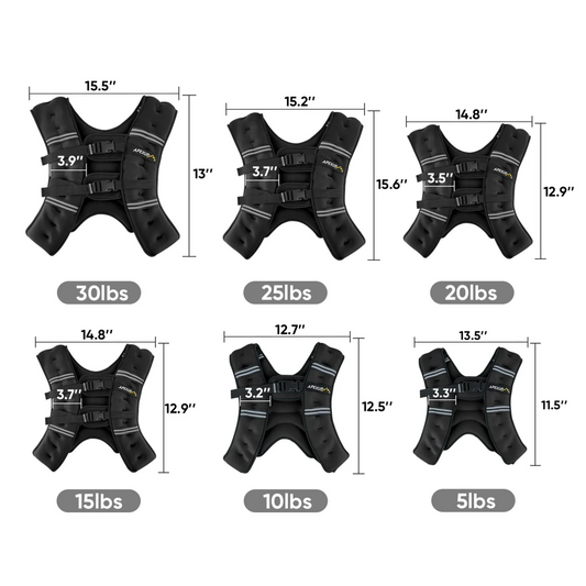 Black weight vests with measurements and weight labels.