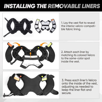 Instructions for installing removable liners on a vest with diagrams and text.
