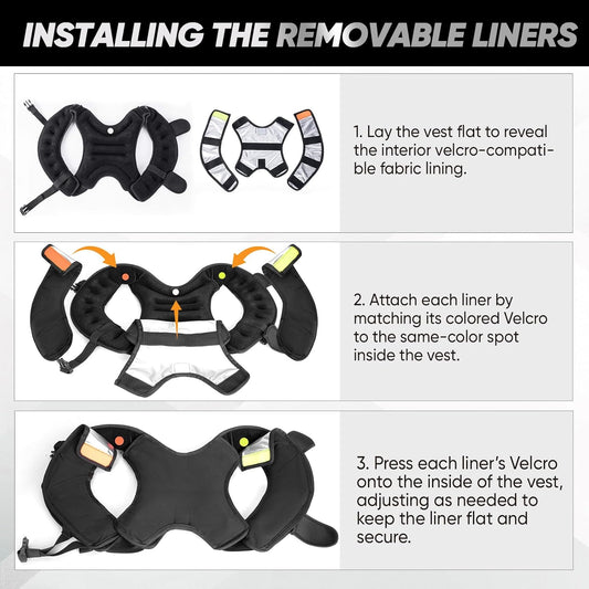 Instructions for installing removable liners on a vest with diagrams and text.