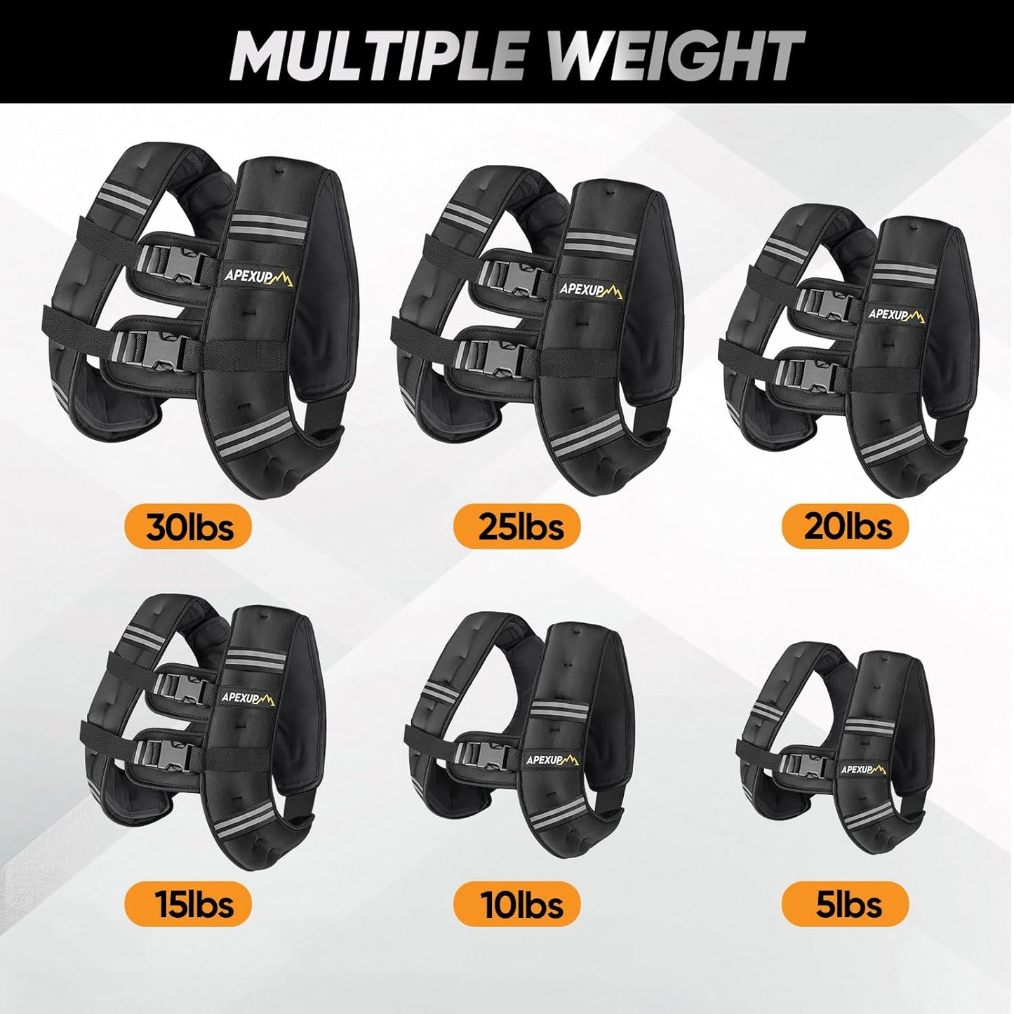 Set of weight vests in various weights on a white background