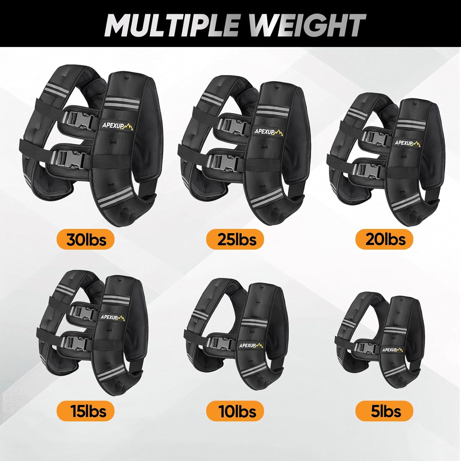 Set of weight vests in various weights on a white background