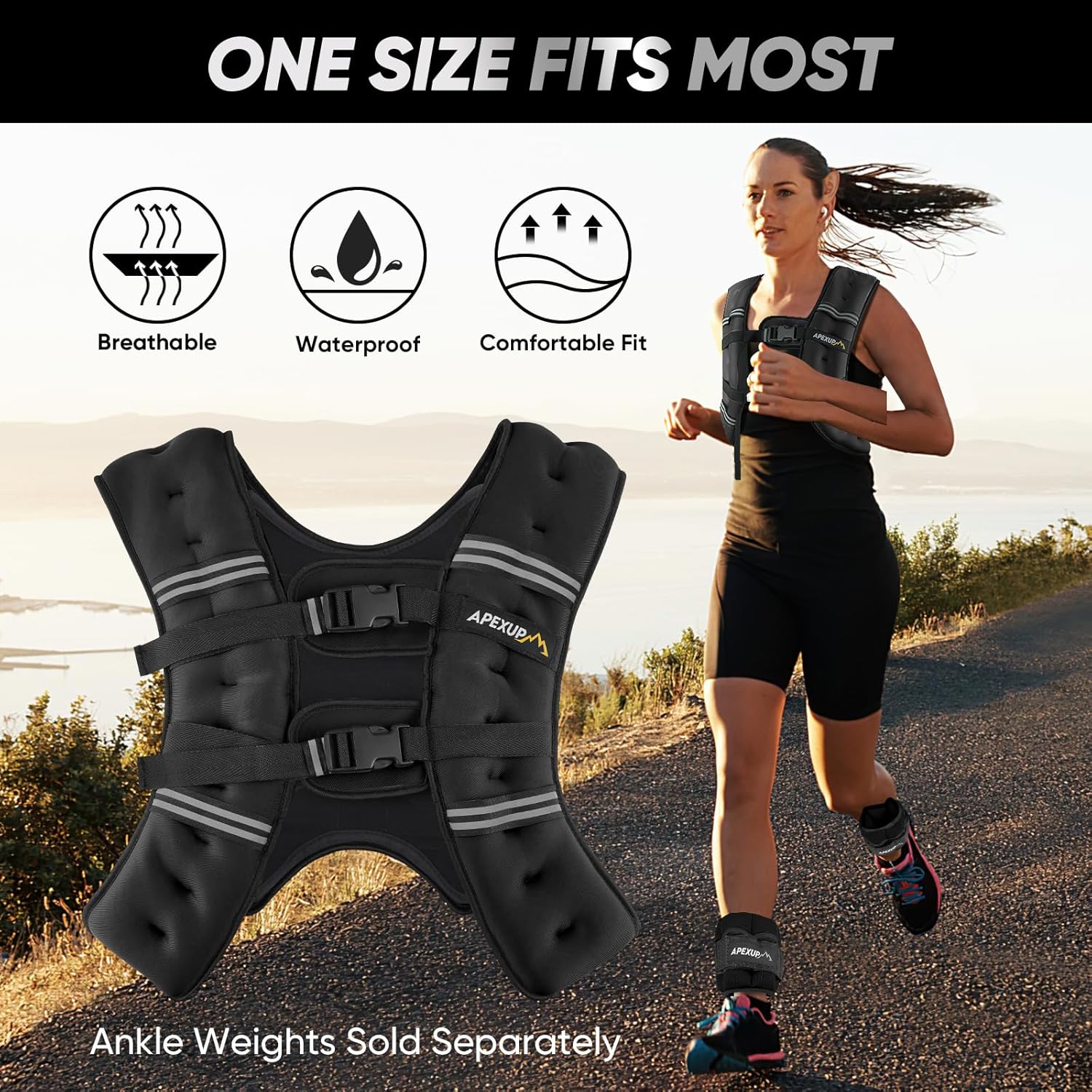 Woman running outdoors wearing a black weighted vest with product features highlighted.