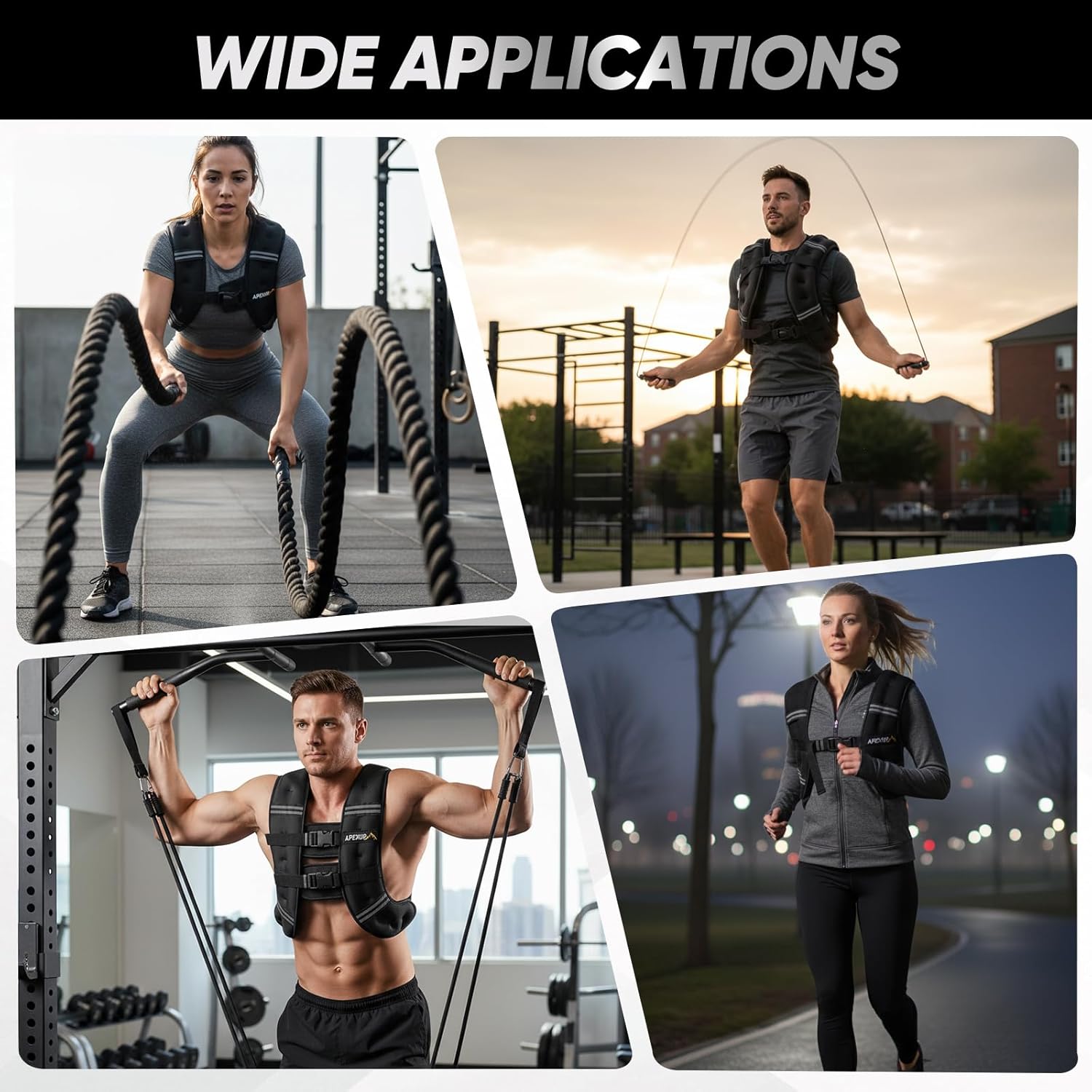 Collage of people using fitness equipment and gear in various settings.