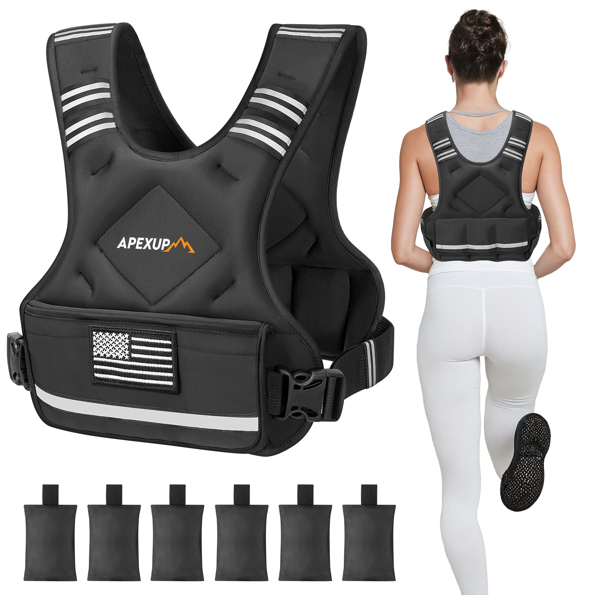 Boost your workout routine with the APEXUP Adjustable Weighted Vest, perfect for running, walking, and general fitness. This sleek black vest features reflective stripes for enhanced safety during nighttime activities and a patriotic American flag patch on the front. Designed for both comfort and durability, the vest comes with easy-to-adjust side straps and padded shoulders. The set includes six individual weight bags, allowing you to customize resistance and maximize your workout potential.