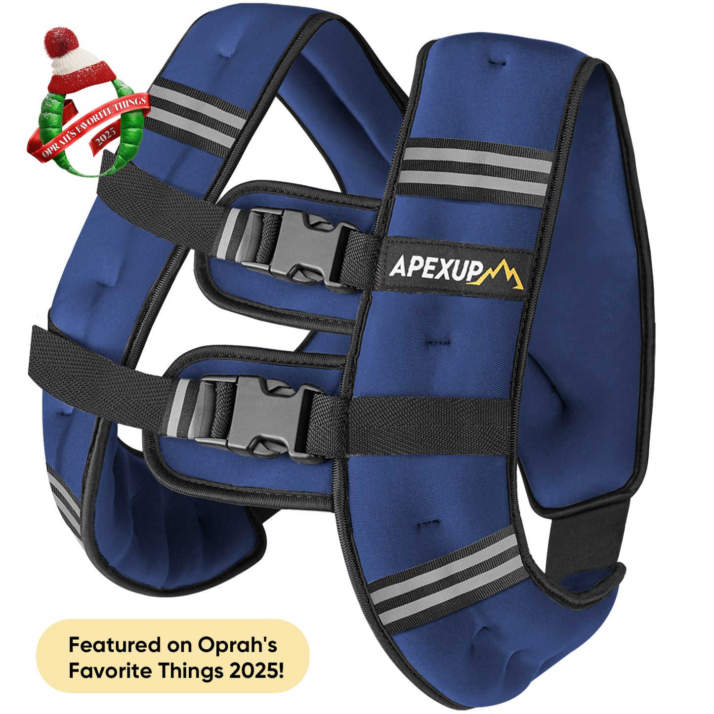 Blue life jacket with black straps and Apexup logo on a white background
