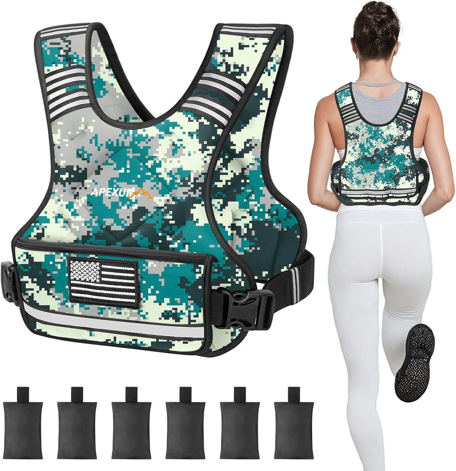 Adjustable weighted vest by APEXUP, shown with a person wearing it while jogging. The vest is black with a large pocket on the front and adjustable straps.
