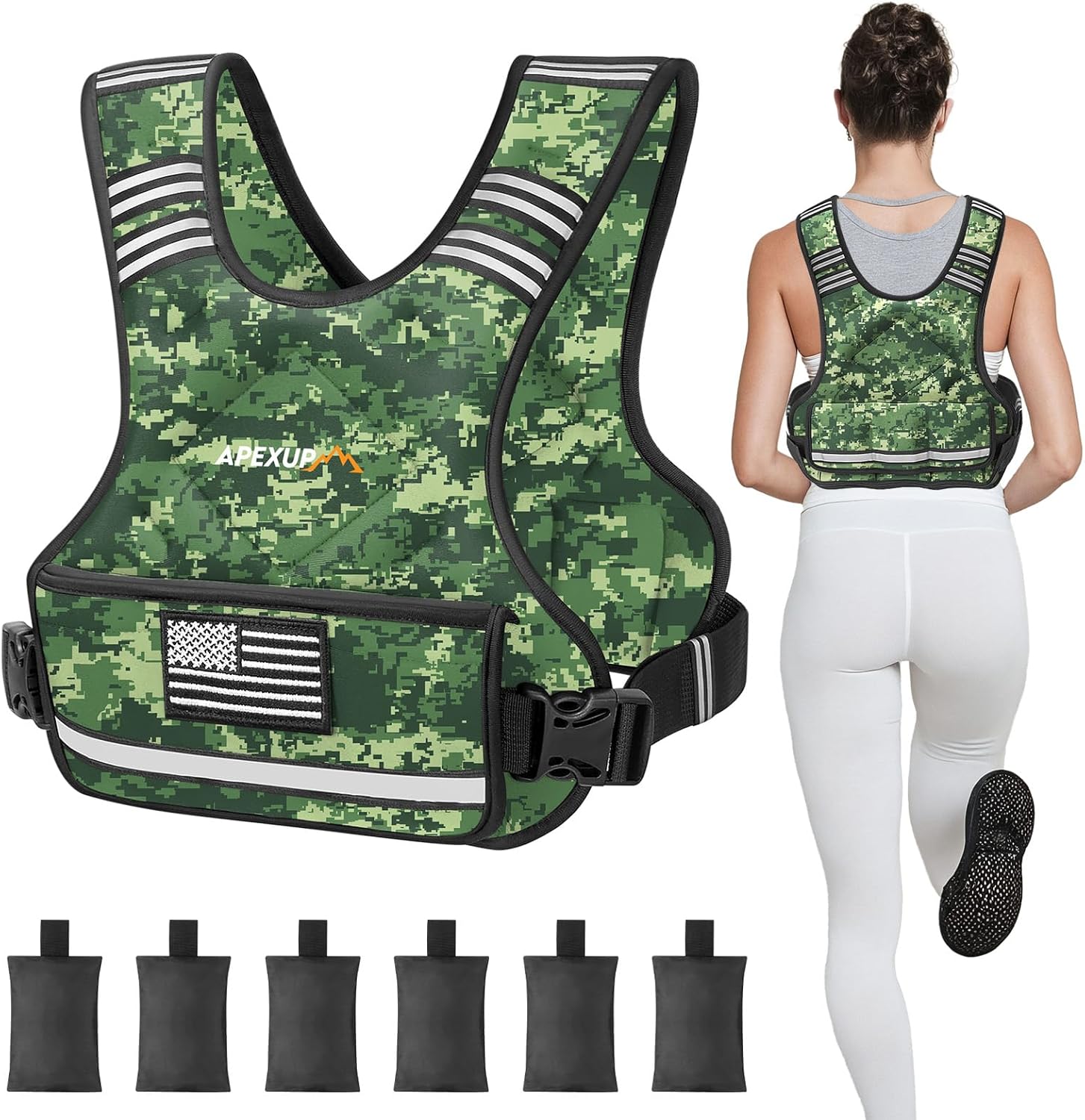 Adjustable weighted vest by APEXUP, shown with a person wearing it while jogging. The vest is black with a large pocket on the front and adjustable straps.