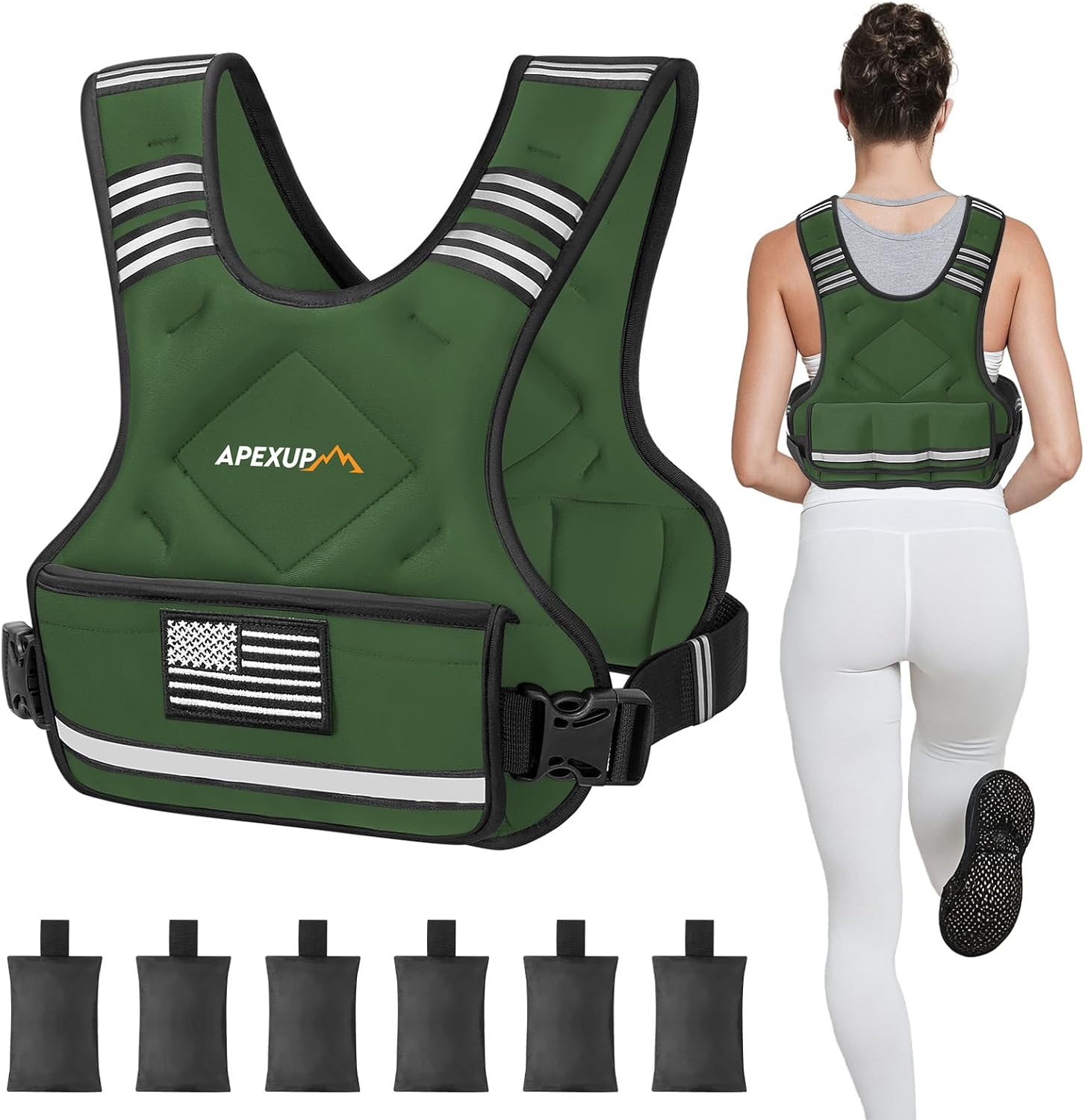 Adjustable weighted vest by APEXUP, shown with a person wearing it while jogging. The vest is black with a large pocket on the front and adjustable straps.