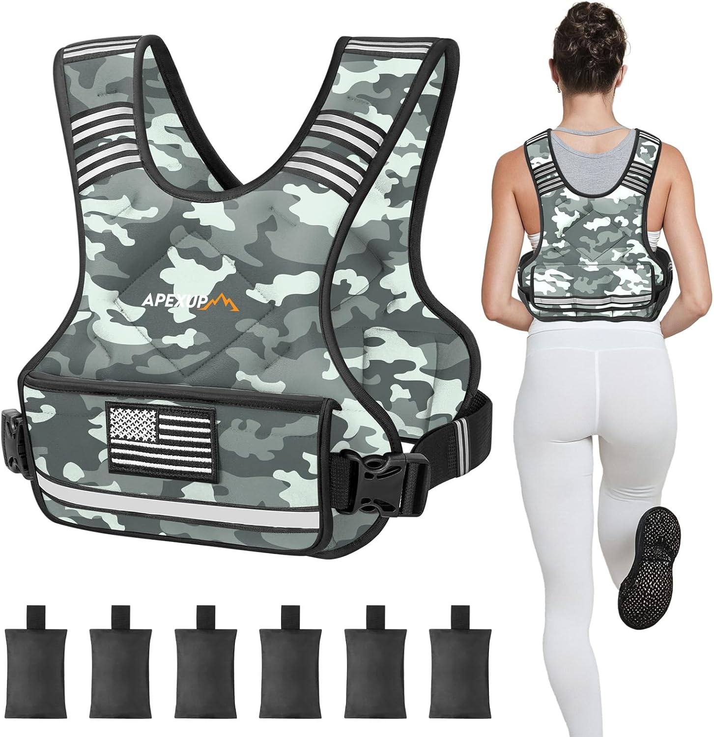 Adjustable weighted vest by APEXUP, shown with a person wearing it while jogging. The vest is grey camo with a large pocket on the front and adjustable straps.