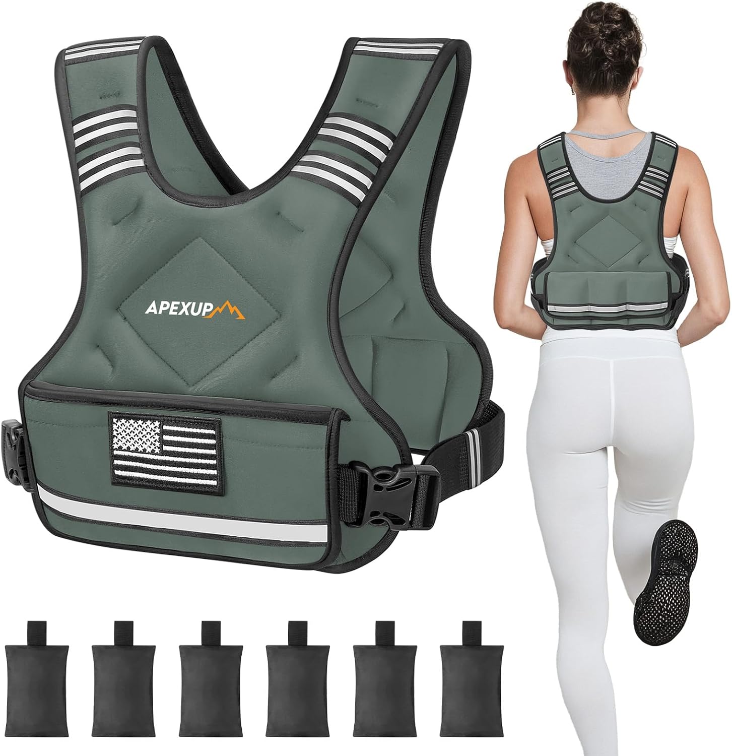 Adjustable weighted vest by APEXUP, shown with a person wearing it while jogging. The vest is black with a large pocket on the front and adjustable straps.