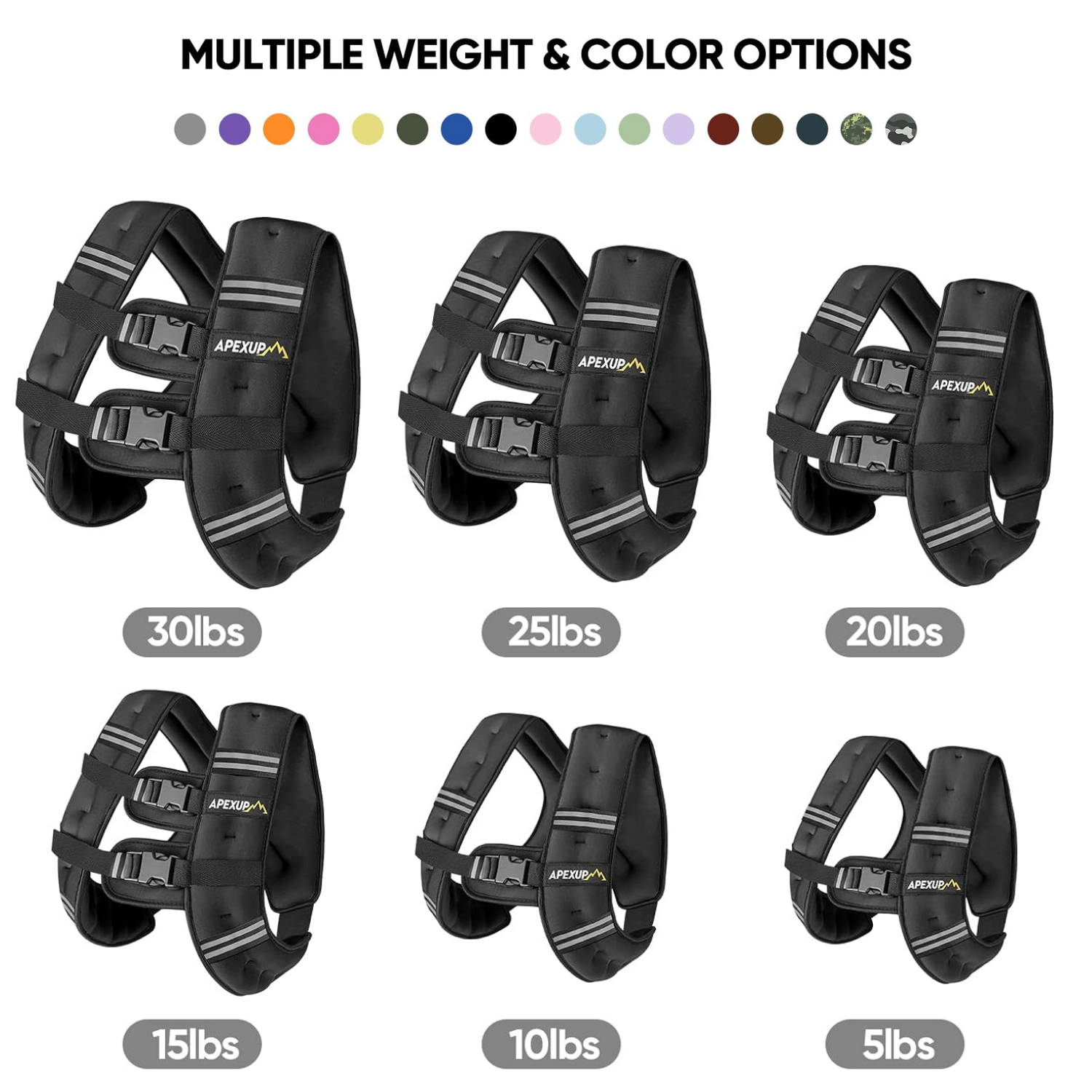 Set of black weight vests in various weights with color options.