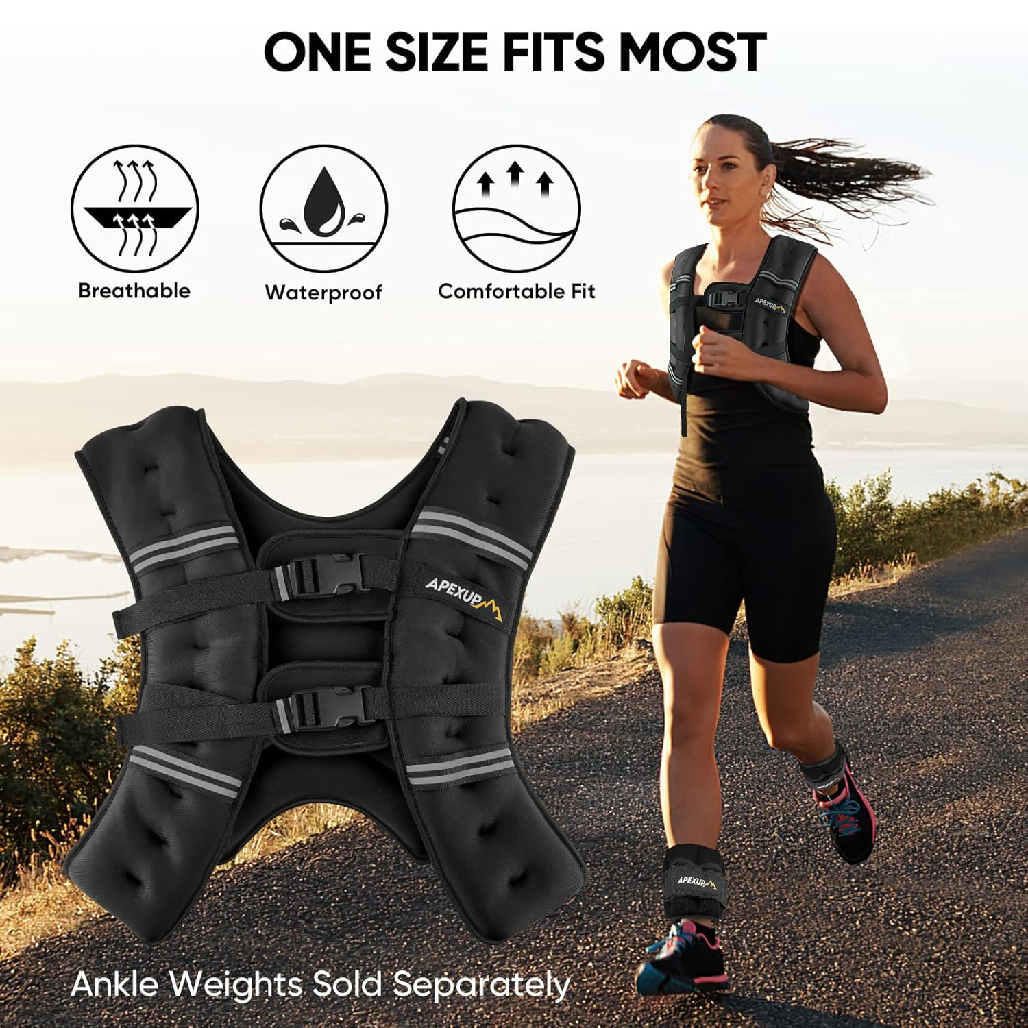 Shop the ApexUp weighted vest shown in this image, perfect for boosting your outdoor runs and workouts. The vest is black with adjustable dual-buckle straps and reflective strips for added safety during low-light conditions. The product brings a breathable, waterproof, and comfortable fit, making it ideal for all fitness levels. The image features a fit woman running on a scenic path wearing the ApexUp vest and ankle weights, with the text "One Size Fits Most" highlighting its universal design.