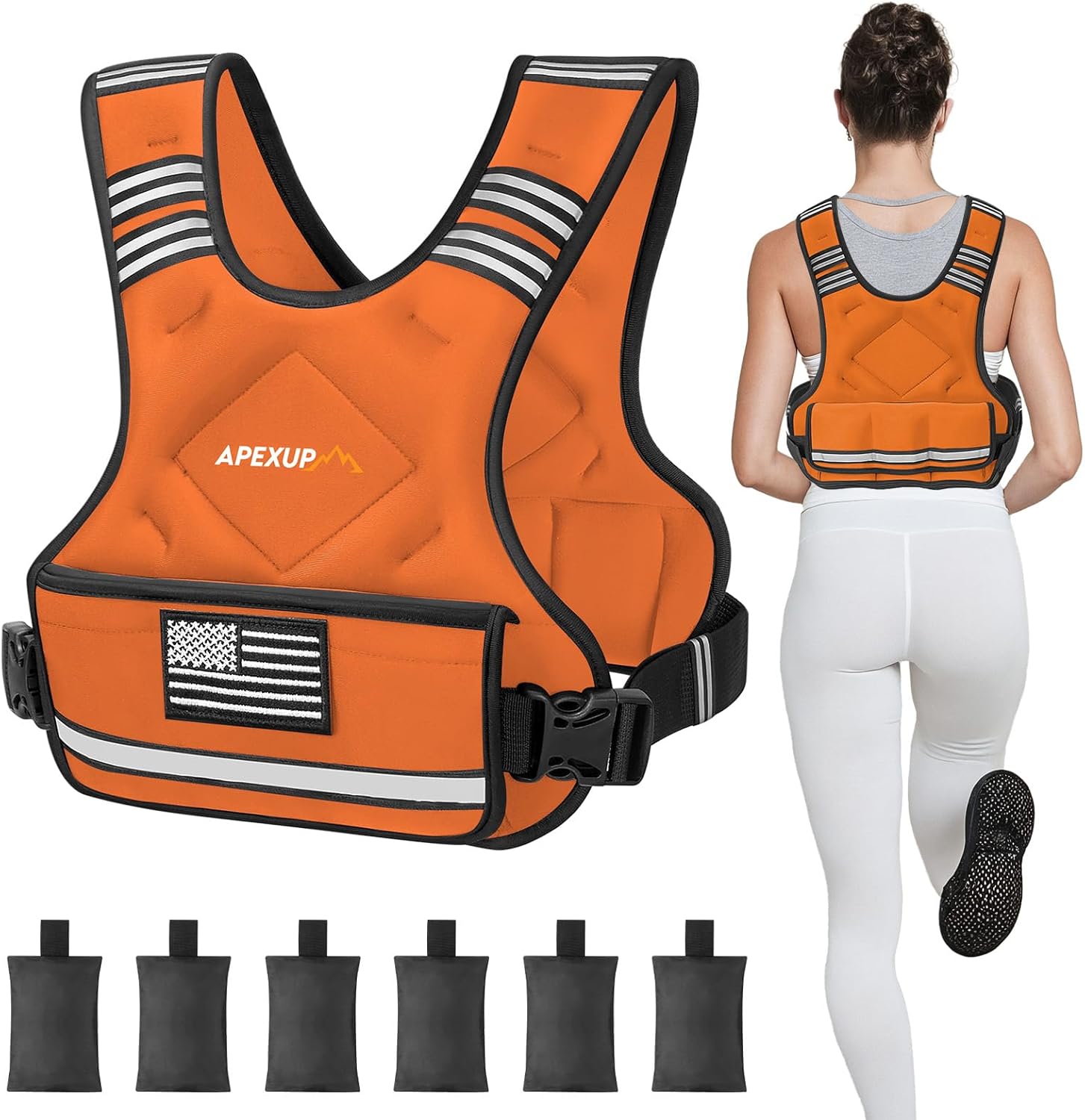 Adjustable weighted vest by APEXUP, shown with a person wearing it while jogging. The vest is orange with a large pocket on the front and adjustable straps.