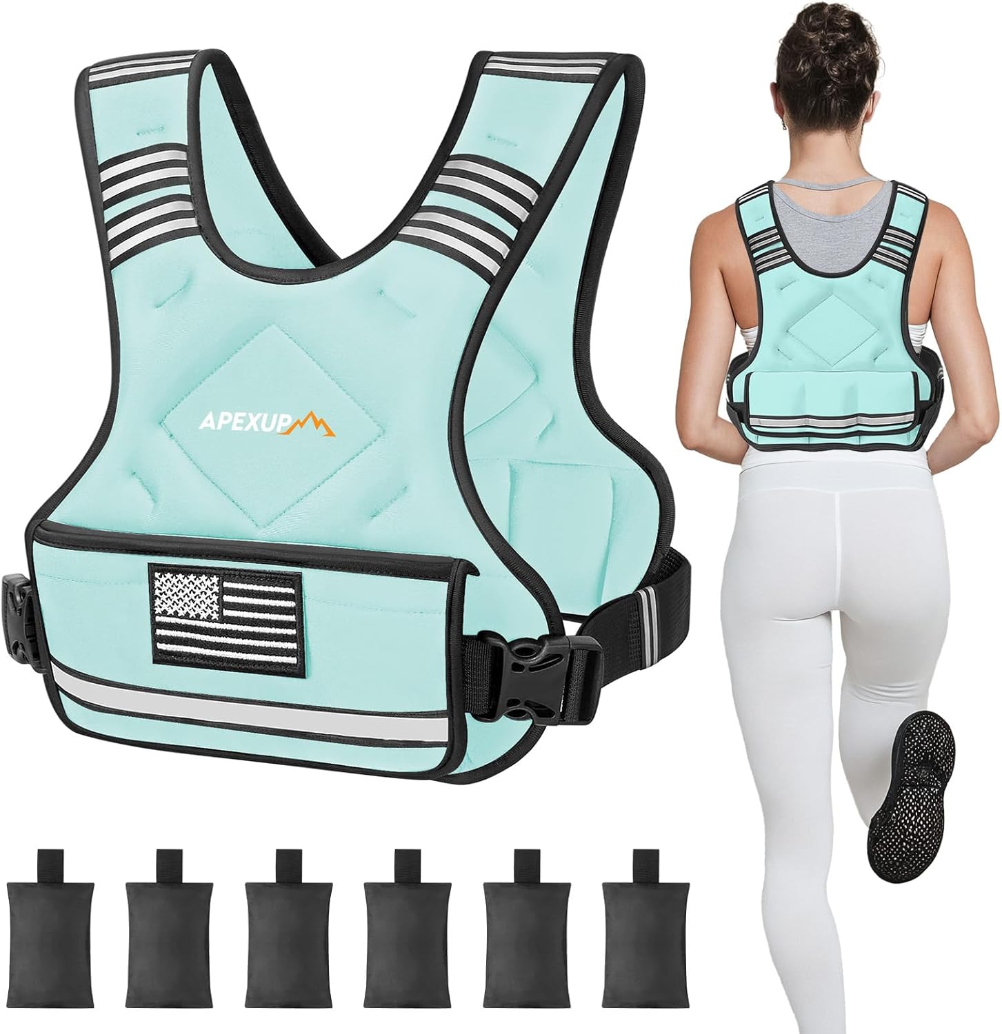 Adjustable weighted vest by APEXUP, shown with a person wearing it while jogging. The vest is pastel blue with a large pocket on the front and adjustable straps.