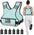 Adjustable weighted vest by APEXUP, shown with a person wearing it while jogging. The vest is pastel blue with a large pocket on the front and adjustable straps.