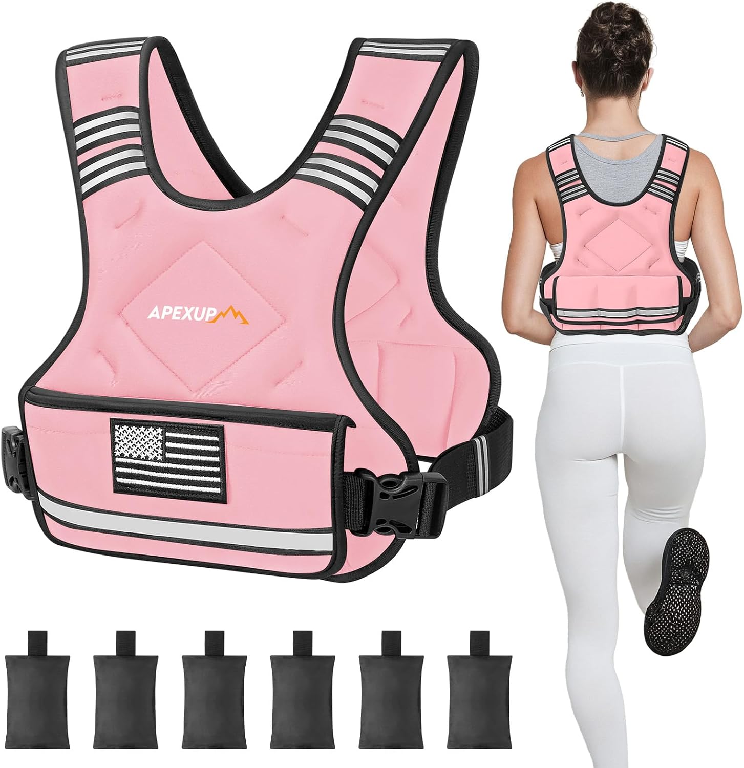 Adjustable weighted vest by APEXUP, shown with a person wearing it while jogging. The vest is pastel pink with a large pocket on the front and adjustable straps.