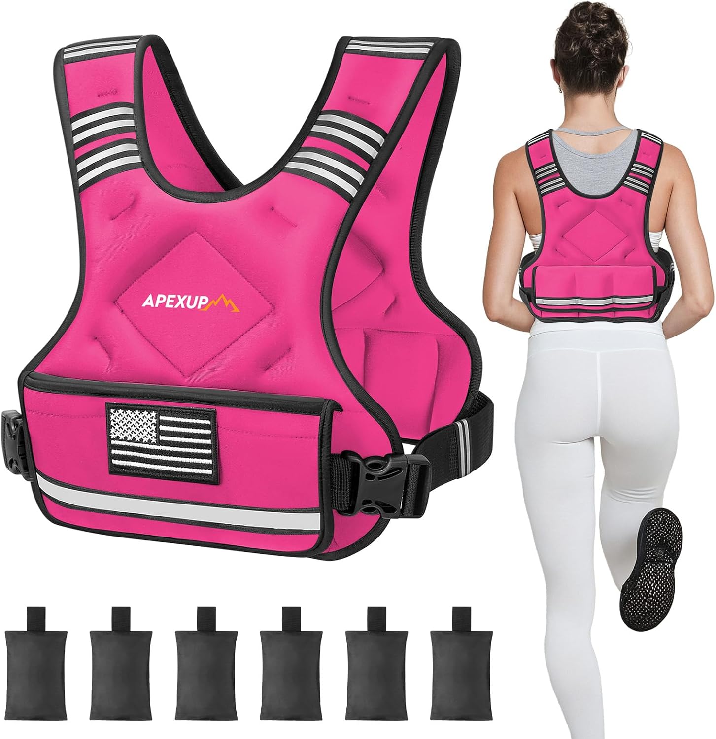 Adjustable weighted vest by APEXUP, shown with a person wearing it while jogging. The vest is pink with a large pocket on the front and adjustable straps.